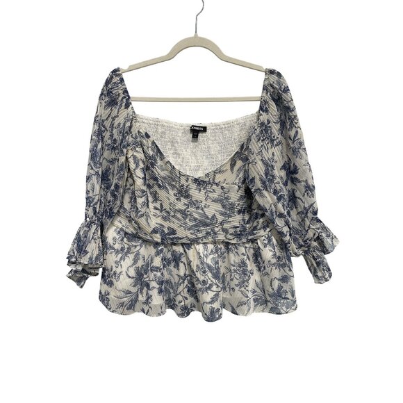 Express Blouse Size XL Smocked Floral Metallic 3/4 Sleeve Ruffle Romantic Blue - Picture 3 of 10